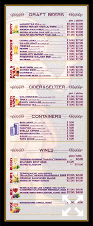 A menu displaying various drink options, including draft beers, containers, and wines, with prices listed next to each item.