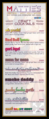 A menu listing various craft cocktails with names and descriptions, each priced indiviually. The menu includes colorful text and decorative elements.